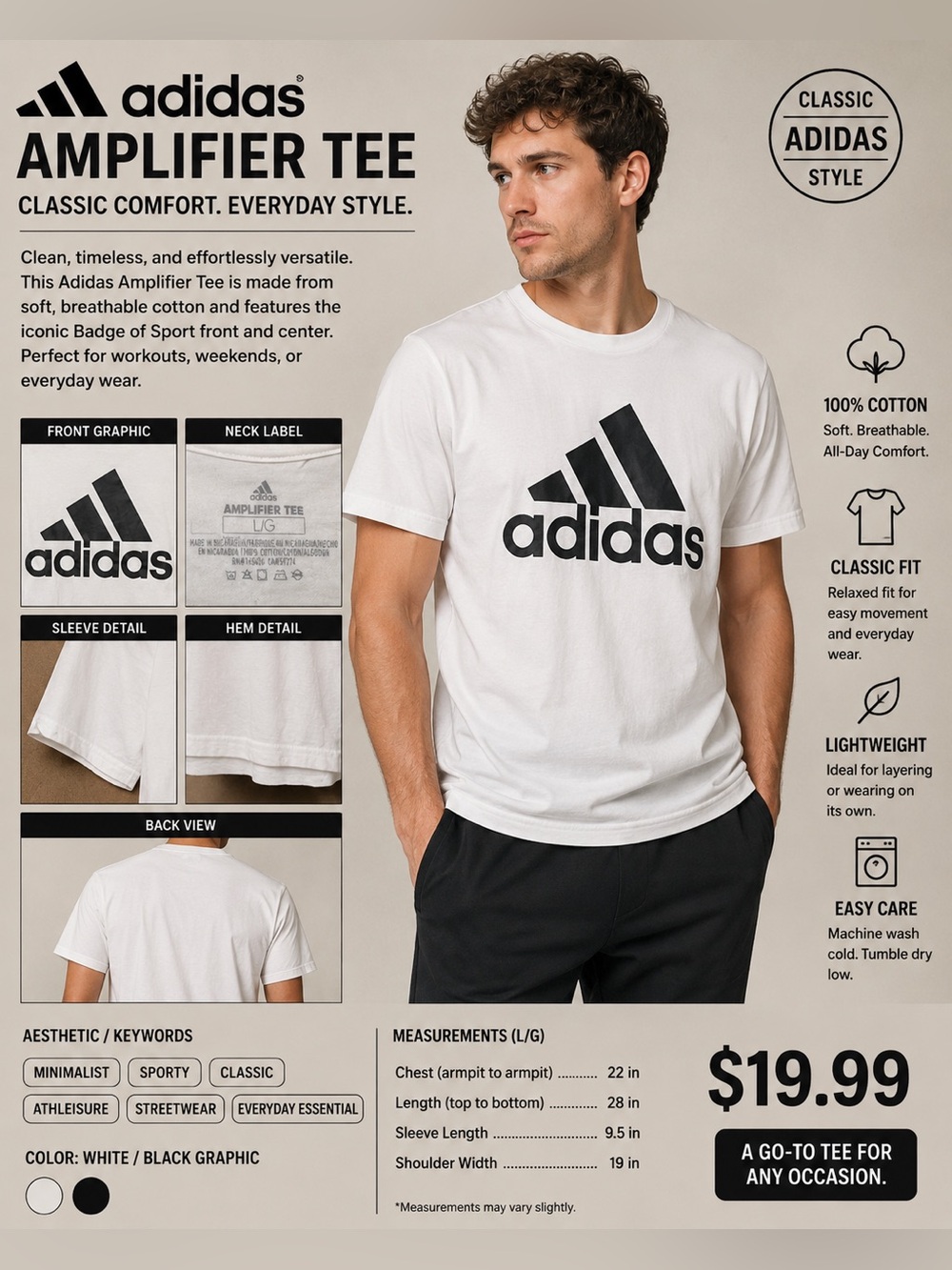 adidas White Tee with Black Trefoil Logo